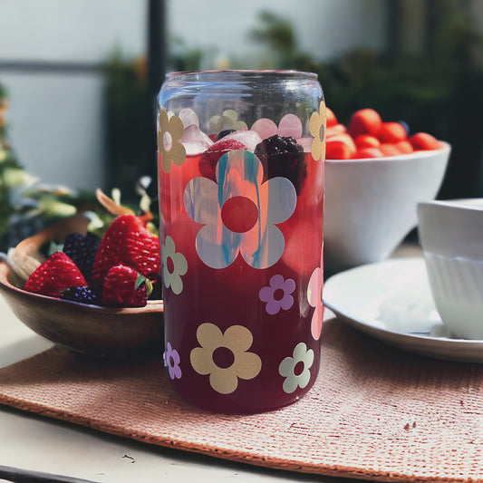 Daisy Trinkbecher aus Glas mit Bambusdeckel