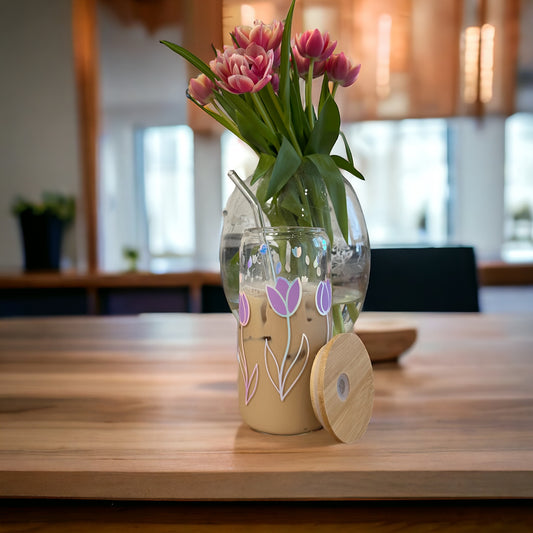 Tulpen Trinkbecher aus Glas mit Bambusdeckel