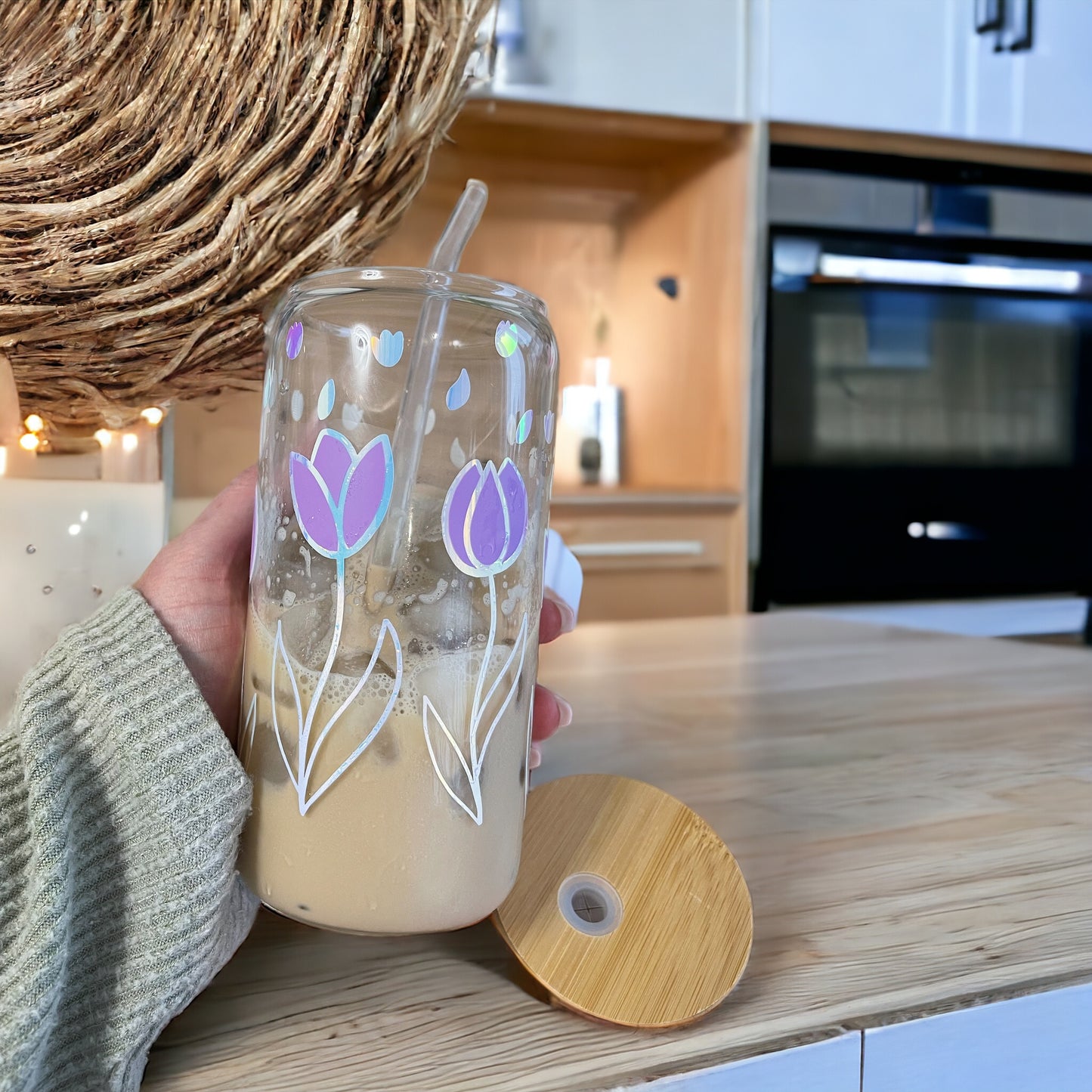 Tulpen Trinkbecher aus Glas mit Bambusdeckel
