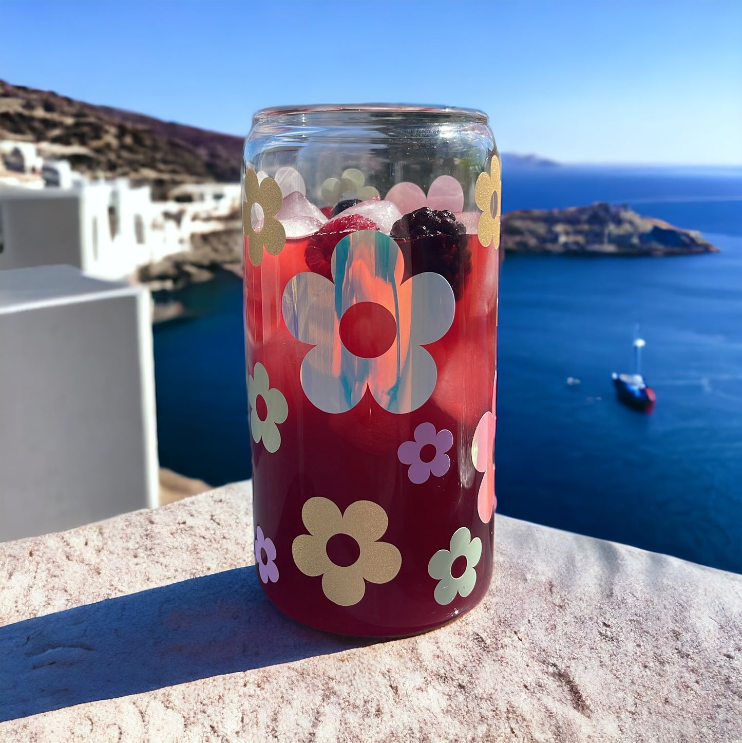 Daisy Trinkbecher aus Glas mit Bambusdeckel